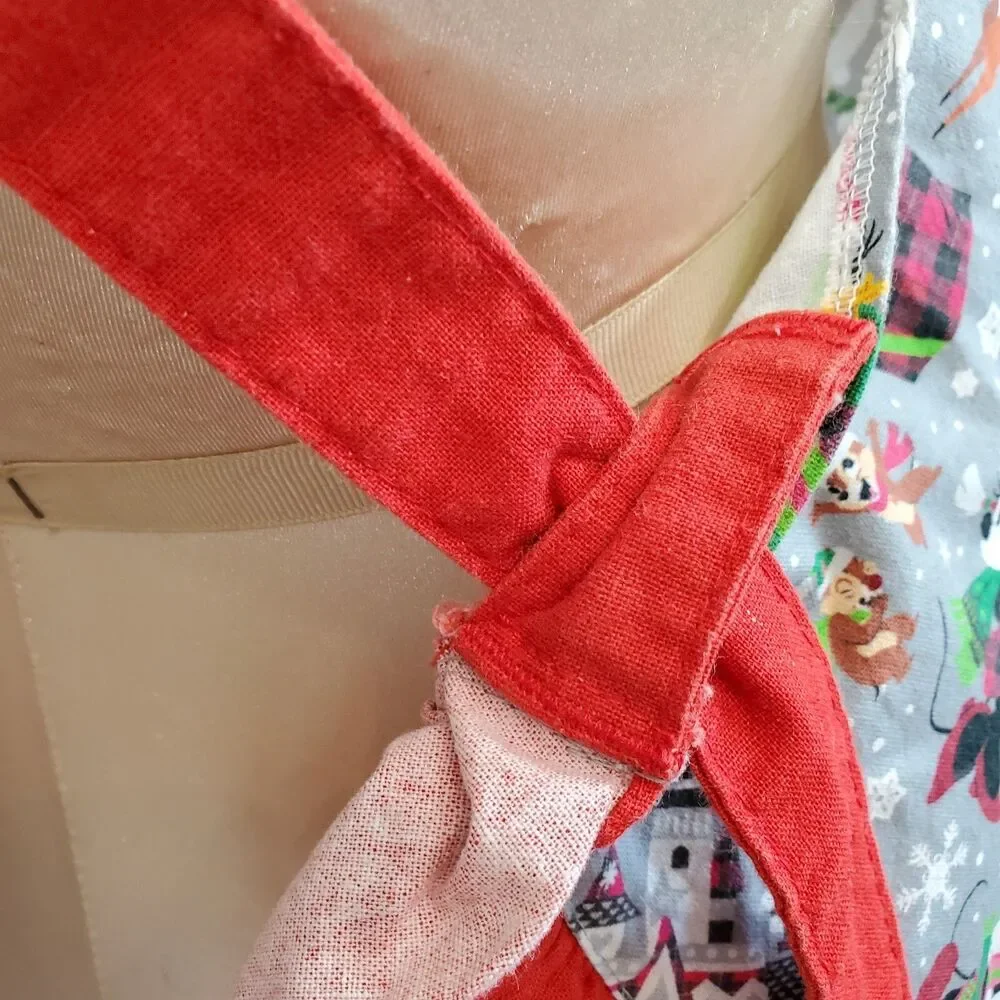 Disney Parks Christmas Apron Red Gray Ruffle Heart Pocket Cross Back Straps Full